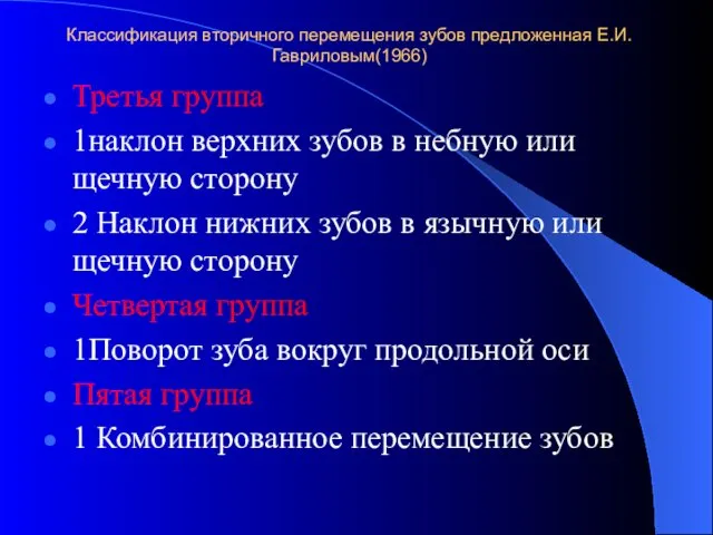 Классификация вторичного перемещения зубов предложенная Е.И. Гавриловым(1966) Третья группа 1наклон верхних