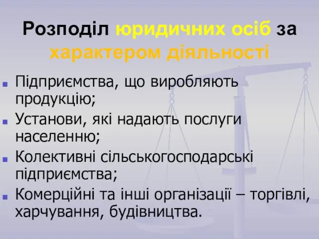 Розподіл юридичних осіб за характером діяльності Підприємства, що виробляють продукцію; Установи,