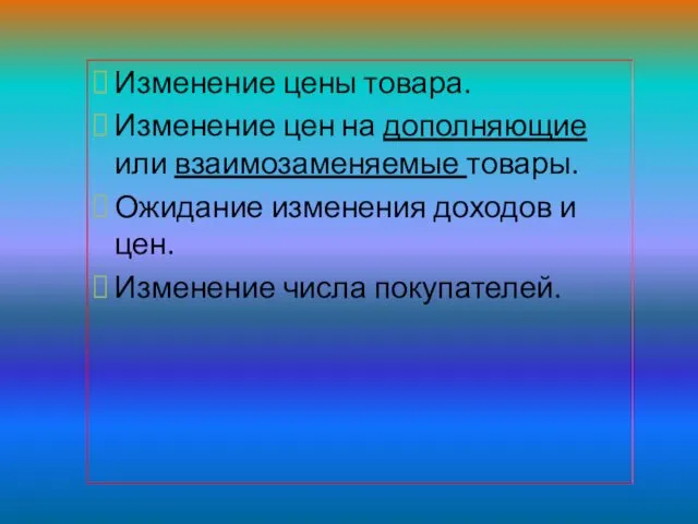 Изменение цены товара. Изменение цен на дополняющие или взаимозаменяемые товары. Ожидание