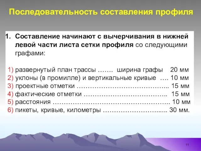 Составление начинают с вычерчивания в нижней левой части листа сетки профиля