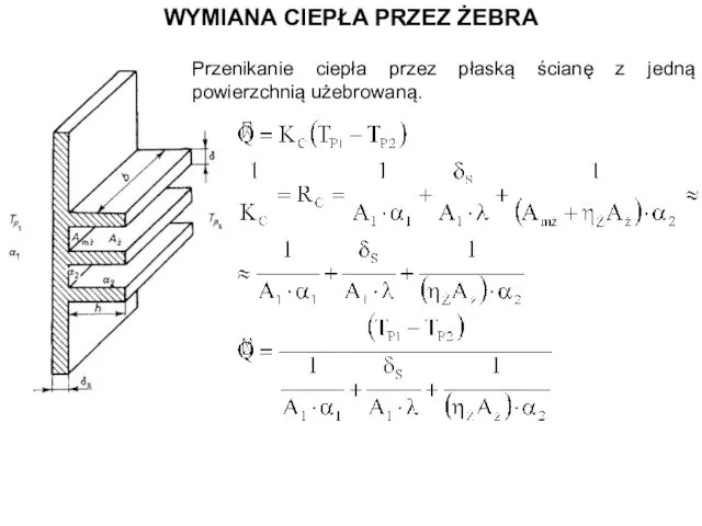 WYMIANA CIEPŁA PRZEZ ŻEBRA Przenikanie ciepła przez płaską ścianę z jedną powierzchnią użebrowaną.