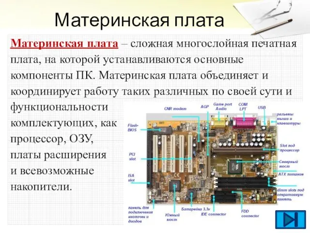 Материнская плата Материнская плата – сложная многослойная печатная плата, на которой