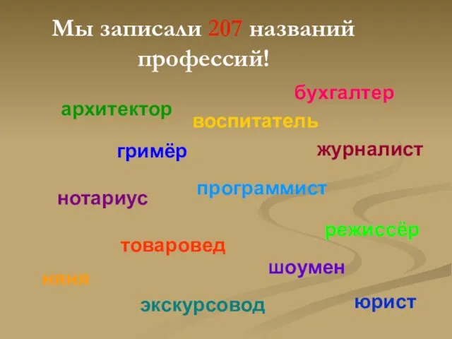 Мы записали 207 названий профессий! архитектор бухгалтер гримёр журналист нотариус программист