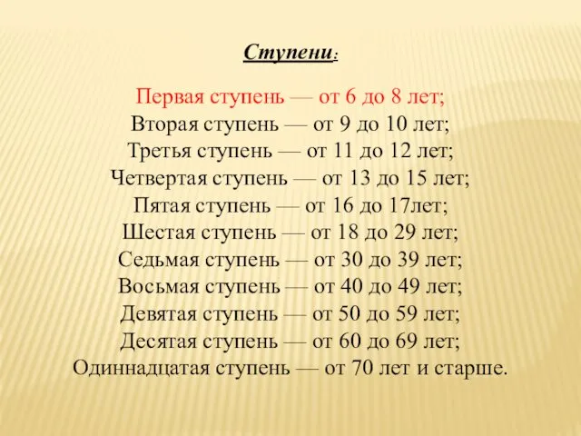 Ступени: Первая ступень — от 6 до 8 лет; Вторая ступень