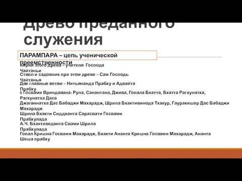 Древо преданного служения Корни этого древа – учителя Господа Чайтаньи Ствол