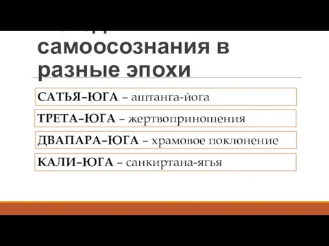 Методы самоосознания в разные эпохи САТЬЯ–ЮГА – аштанга-йога ТРЕТА–ЮГА – жертвоприношения