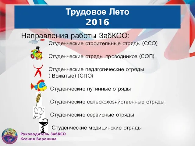 Трудовое Лето 2016 Направления работы ЗабКСО: Студенческие строительные отряды (ССО) Студенческие