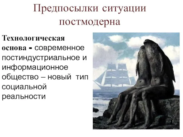 Предпосылки ситуации постмодерна Технологическая основа - современное постиндустриальное и информационное общество – новый тип социальной реальности