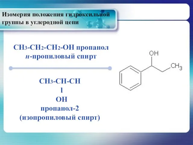 Изомерия положения гидроксильной группы в углеродной цепи CH3-CH2-CH2-OH пропанол н-пропиловый спирт