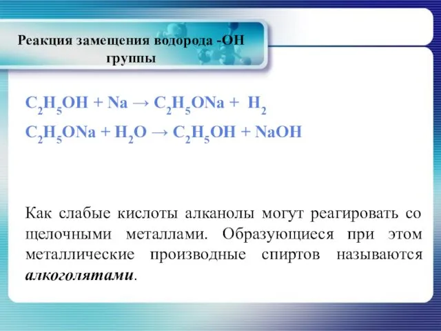 Реакция замещения водорода -ОН группы С2Н5ОН + Na → C2H5ONa +