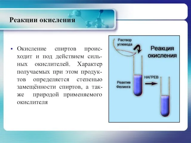 Реакции окисления Окисление спиртов проис-ходит и под действием силь-ных окислителей. Характер