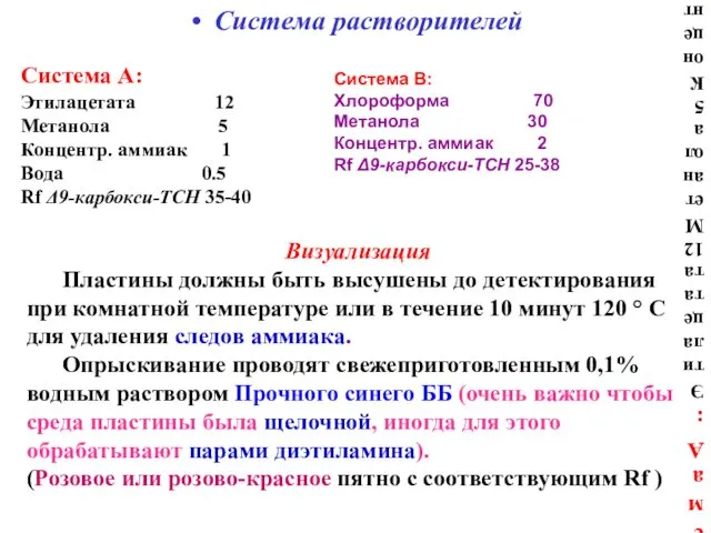 Система А: Этилацетата 12 Метанола 5 Концентр. аммиак 1 Вода 0.5