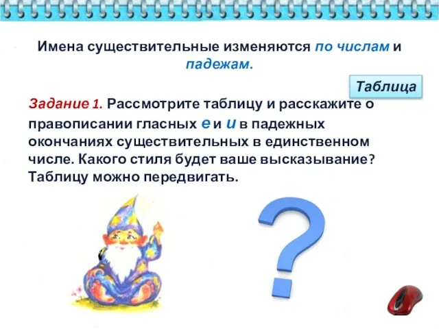 Таблица Имена существительные изменяются по числам и падежам. Задание 1. Рассмотрите