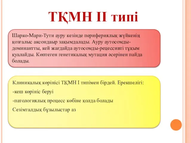 ТҚМН ІІ типі Шарко-Мари-Тути ауру кезінде перифериялық жүйкенің қозғалыс аксондаыр зақымдалады.