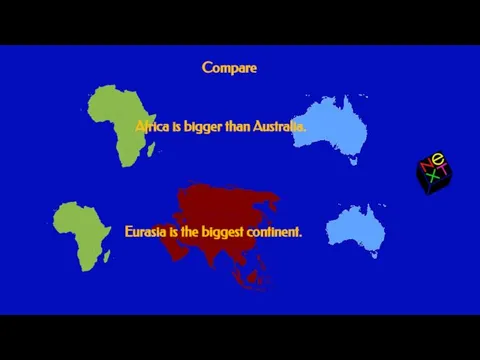 Compare Africa is bigger than Australia. Eurasia is the biggest continent.