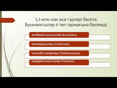 1,5 млн-нан аса түрлері белгілі. Буынаяқтылар 4 тип тармағына бөлінеді: