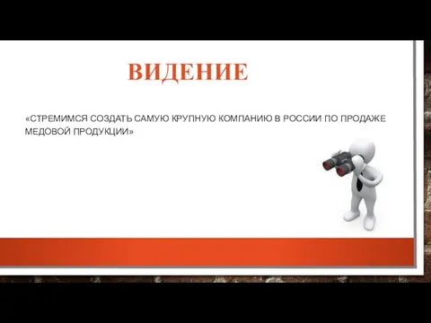 ВИДЕНИЕ «СТРЕМИМСЯ СОЗДАТЬ САМУЮ КРУПНУЮ КОМПАНИЮ В РОССИИ ПО ПРОДАЖЕ МЕДОВОЙ ПРОДУКЦИИ»