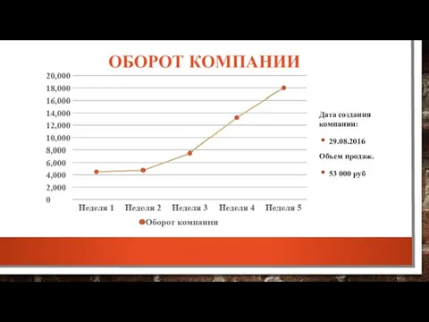 ОБОРОТ КОМПАНИИ Дата создания компании: 29.08.2016 Объем продаж. 53 000 руб