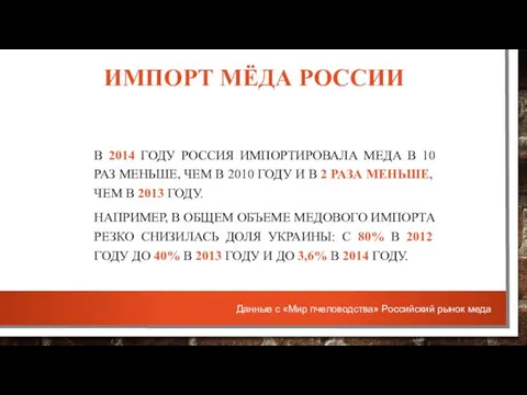 ИМПОРТ МЁДА РОССИИ В 2014 ГОДУ РОССИЯ ИМПОРТИРОВАЛА МЕДА В 10