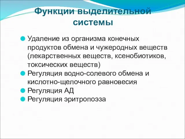 Функции выделительной системы Удаление из организма конечных продуктов обмена и чужеродных