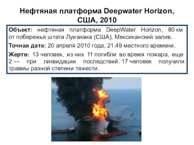 Нефтяная платформа Deepwater Horizon, США, 2010 Объект: нефтяная платформа DeepWater Horizon,