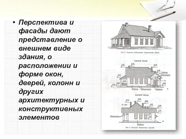 Перспектива и фасады дают представление о внешнем виде здания, о расположении