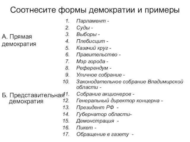 Соотнесите формы демократии и примеры А. Прямая демократия Б. Представительная демократия