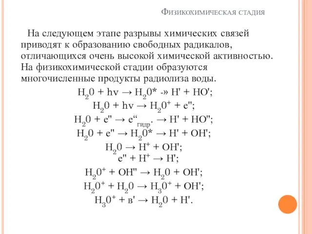 Физикохимическая стадия На следующем этапе разрывы химических связей приводят к образованию