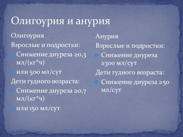 Олигоурия Взрослые и подростки: Снижение диуреза ≥0,3 мл/(кг*ч) или 500 мл/сут