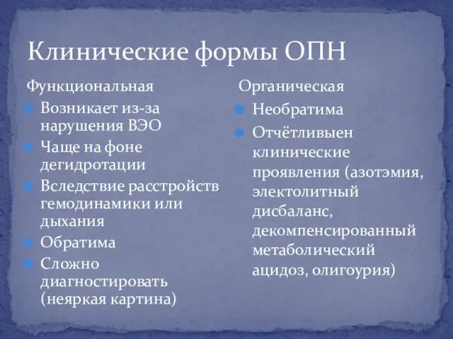 Функциональная Возникает из-за нарушения ВЭО Чаще на фоне дегидротации Вследствие расстройств