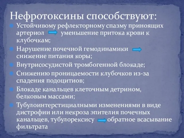 Устойчивому рефлекторному спазму приноящих артериол уменьшение притока крови к клубочкам; Нарушение