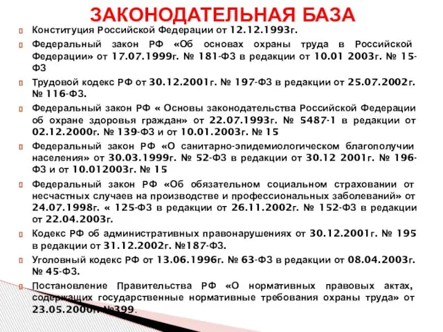 Конституция Российской Федерации от 12.12.1993г. Федеральный закон РФ «Об основах охраны