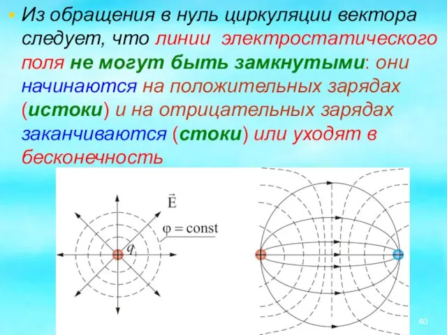 Из обращения в нуль циркуляции вектора следует, что линии электростатического поля