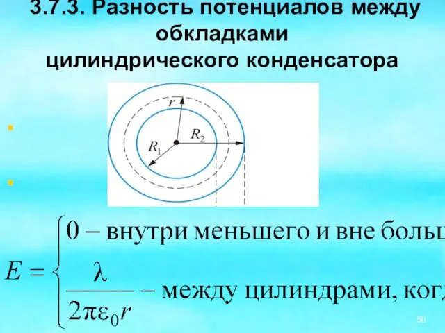 3.7.3. Разность потенциалов между обкладками цилиндрического конденсатора