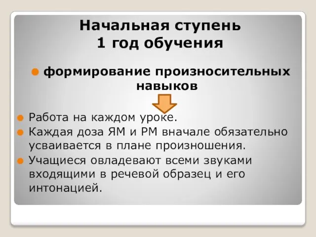 Начальная ступень 1 год обучения формирование произносительных навыков Работа на каждом