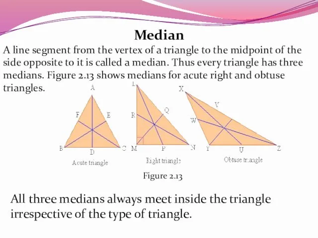 Median A line segment from the vertex of a triangle to