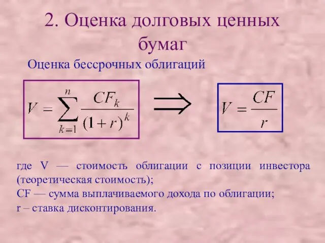 2. Оценка долговых ценных бумаг Оценка бессрочных облигаций где V —