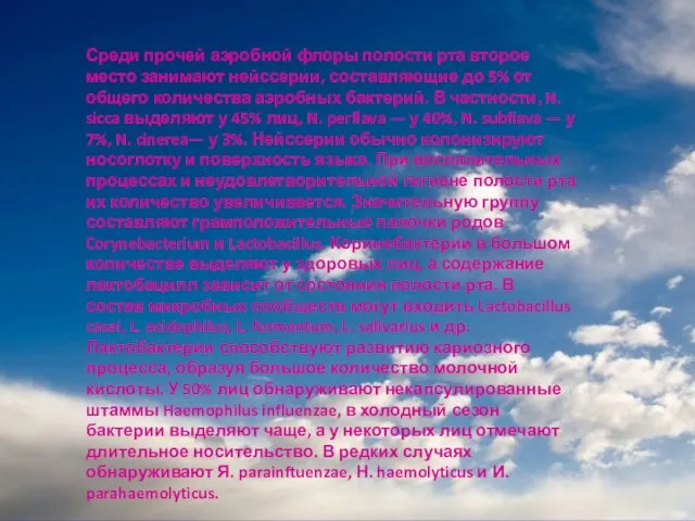 Среди прочей аэробной флоры полости рта второе место занимают нейссерии, составляющие