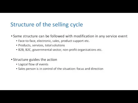 Structure of the selling cycle Same structure can be followed with