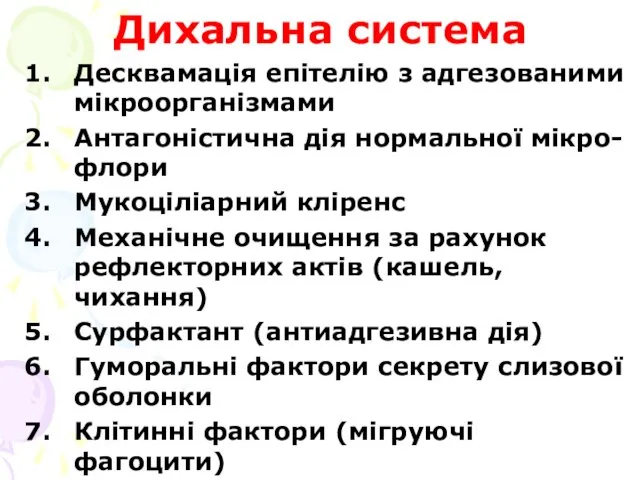 Дихальна система Десквамація епітелію з адгезованими мікроорганізмами Антагоністична дія нормальної мікро-флори