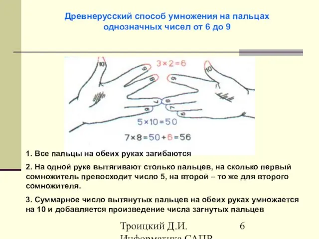 Троицкий Д.И. Информатика САПР 1 семестр Древнерусский способ умножения на пальцах