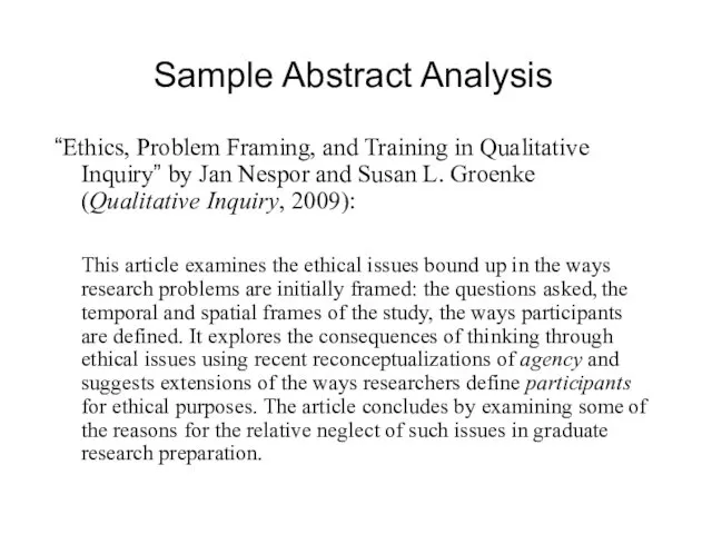 Sample Abstract Analysis “Ethics, Problem Framing, and Training in Qualitative Inquiry”