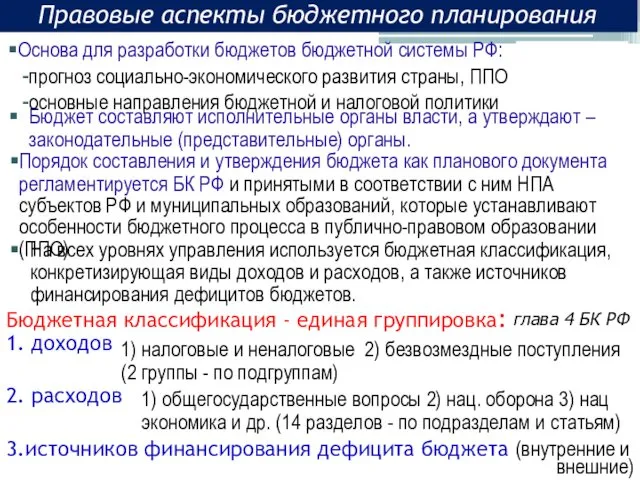 Бюджетная классификация - единая группировка: 1. доходов глава 4 БК РФ