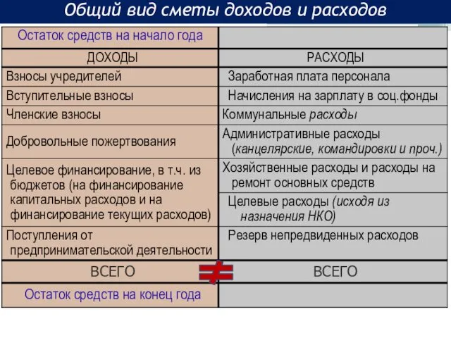 Общий вид сметы доходов и расходов