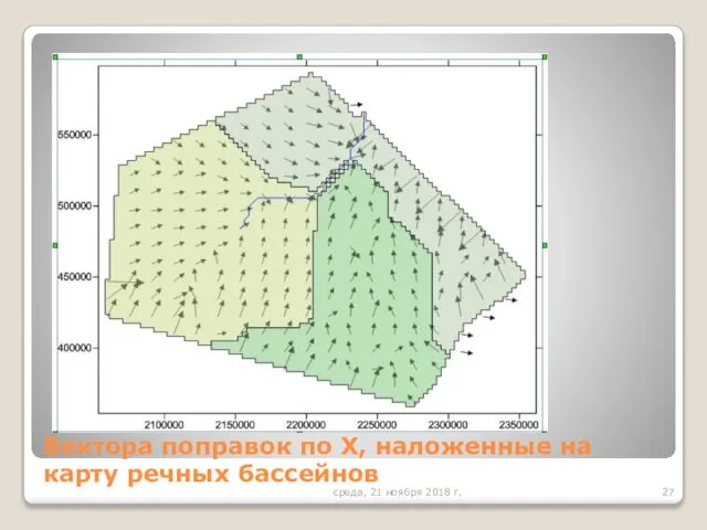 Вектора поправок по Х, наложенные на карту речных бассейнов среда, 21 ноября 2018 г.