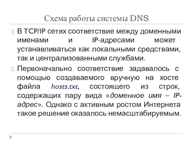 Схема работы системы DNS В TCP/IP сетях соответствие между доменными именами