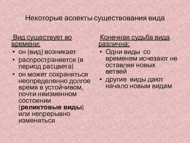 Некоторые аспекты существования вида Вид существует во времени: он (вид) возникает