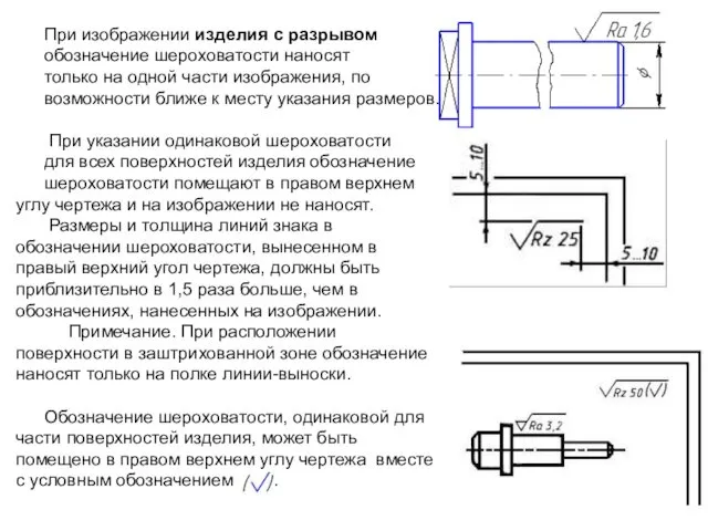 При изображении изделия с разрывом обозначение шероховатости наносят только на одной