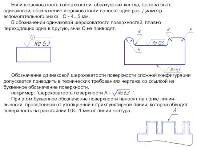 Если шероховатость поверхностей, образующих контур, должна быть одинаковой, обозначение шероховатости наносят