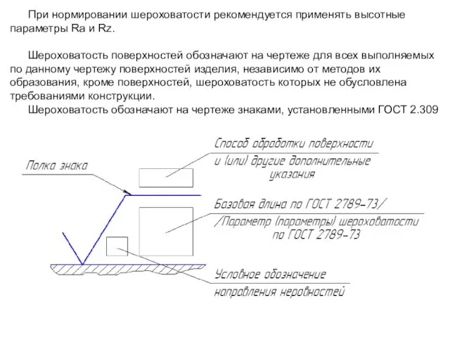 При нормировании шероховатости рекомендуется применять высотные параметры Ra и Rz. Шероховатость